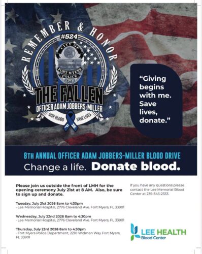 Eighth annual three-day blood drive in memory of fallen Fort Myers Police Officer Adam Jobbers-Miller begins July 21